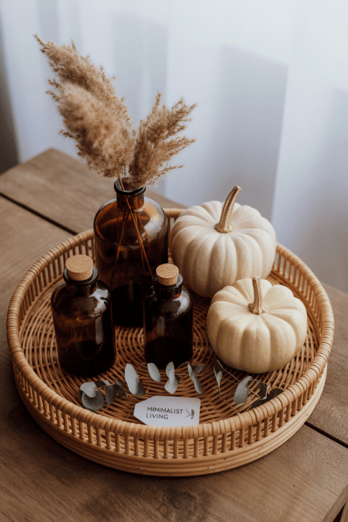 Boho fall tray with earthy tones, dried florals, and natural textures.

