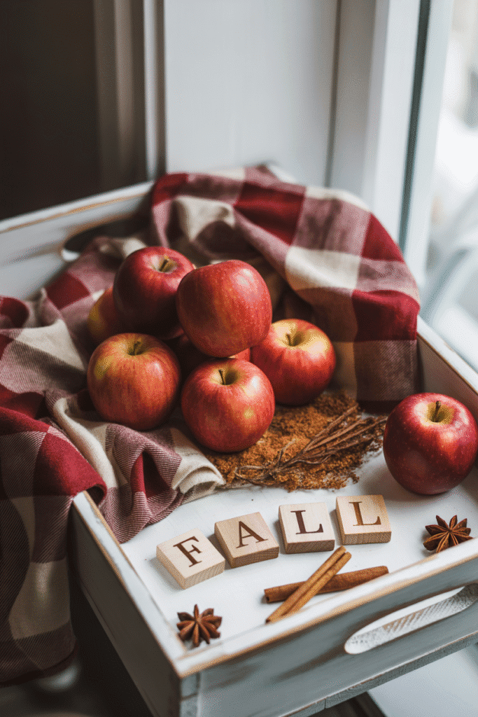 Apple-themed fall tray styled with fruit, fabric, and festive touches.

