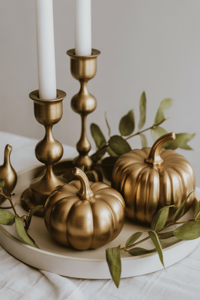 Elegant fall tray with warm metallics and glazed ceramics.

