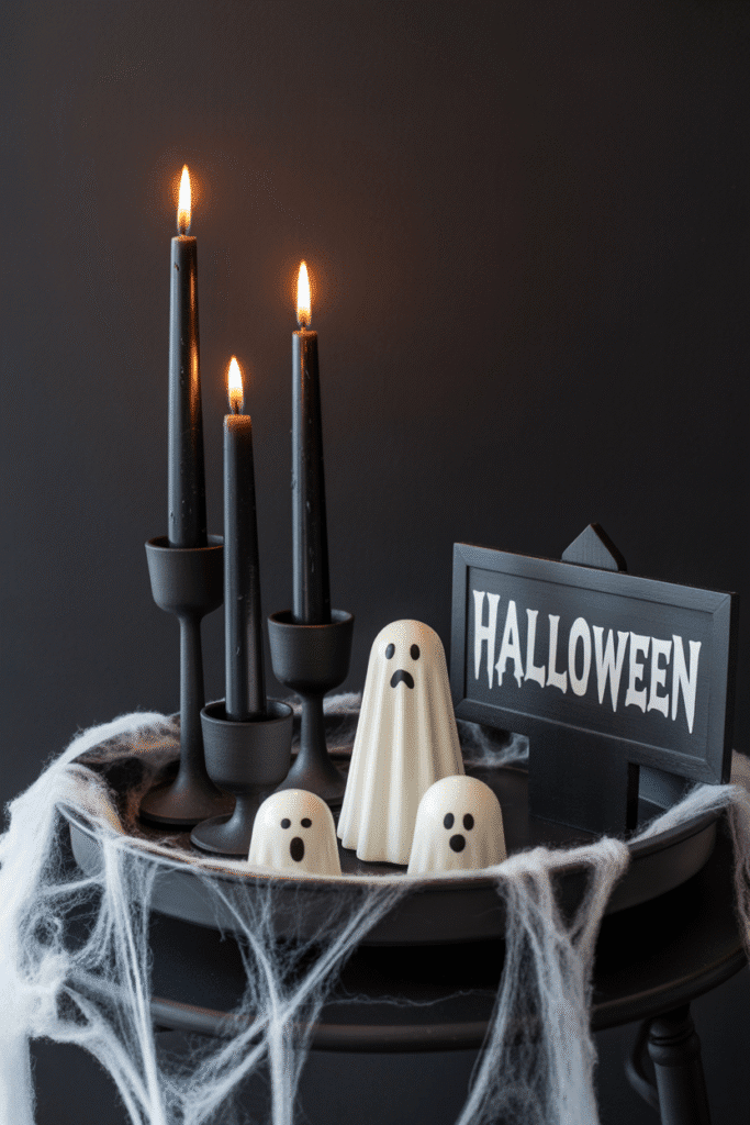 Spooky fall tray decor with Halloween icons and dark accents.

