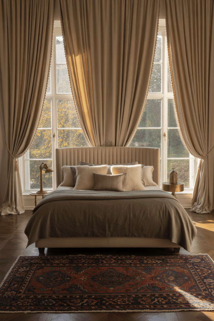Curtains used to visually frame the bed between two windows, adding height and softness.