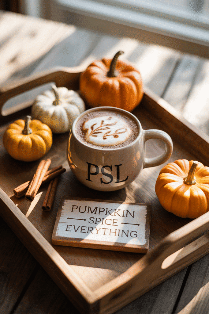 Fall coffee tray styled with pumpkin spice theme and cozy accessories.

