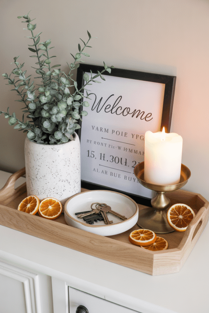 Entryway tray styled with fall decor and daily essentials.


