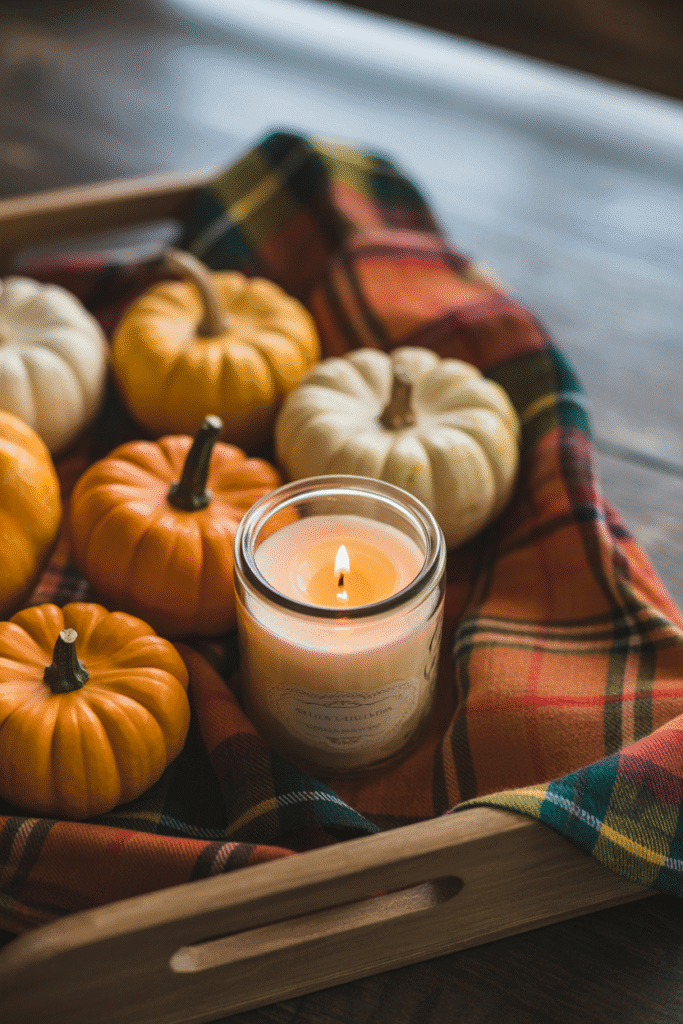 Fall tray with soft textures, plaid fabric, and seasonal details.

