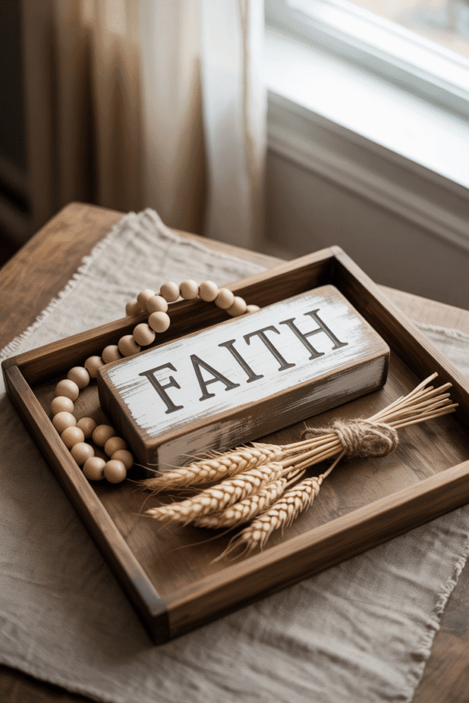 Faith-inspired fall tray with spiritual messages and rustic details.

