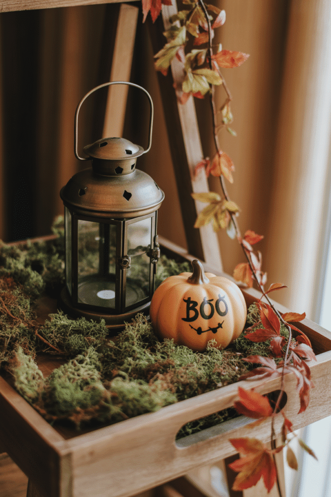 Rustic fall tray decor with warm lantern glow and autumn accents.

