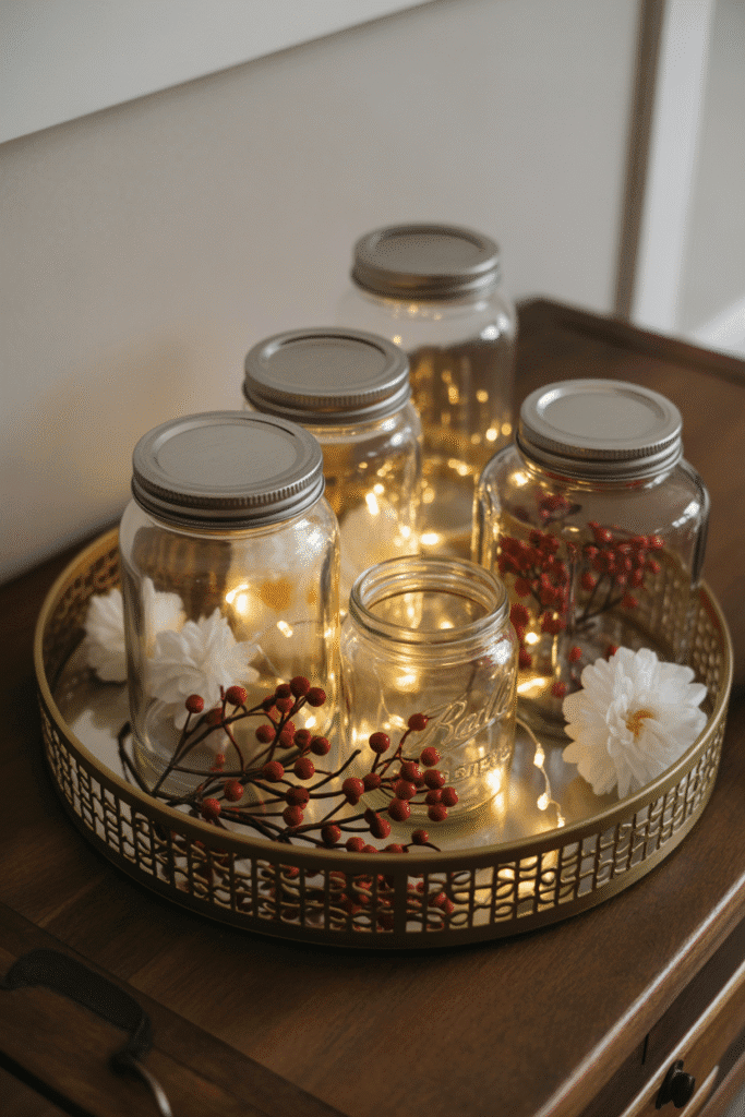 Glowing fall tray with fairy lights and rustic glass accents.

