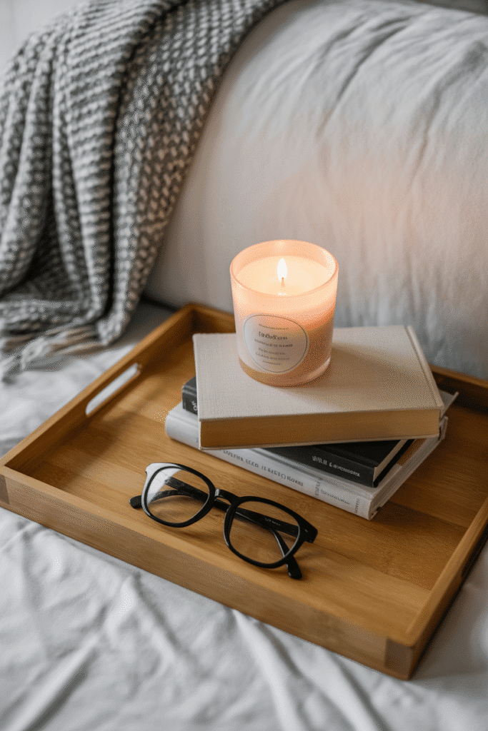 Relaxing fall tray setup with candles and cozy book styling.

