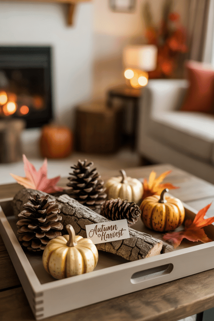 Earthy fall tray decor using raw, organic, natural materials.


