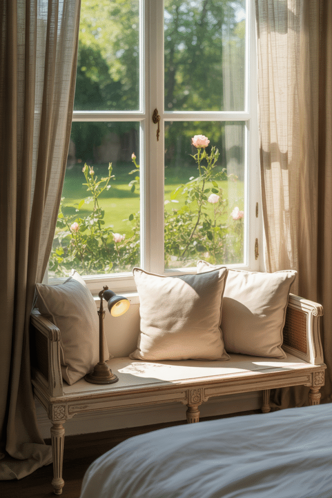 Low-profile bench styled under a window, offering function without blocking natural light.