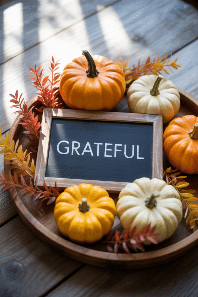 Personalized fall tray with mini signs and harvest touches.

