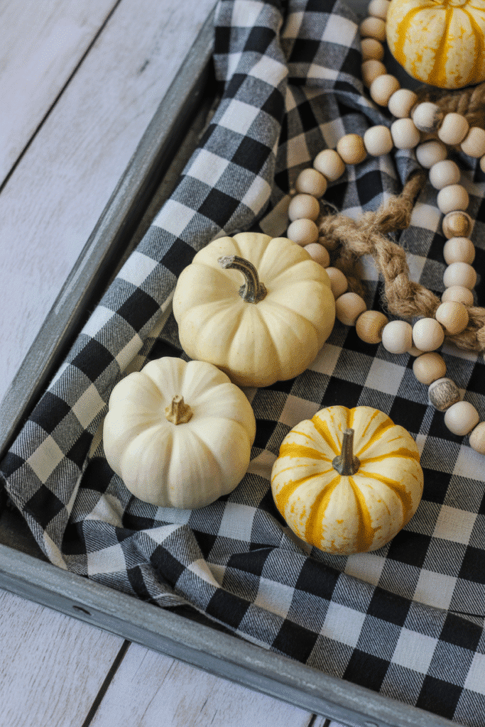 Farmhouse fall tray using bold check pattern and neutral accents.

