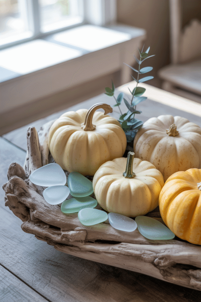 Beach-style fall tray with coastal elements and soft seasonal color.

