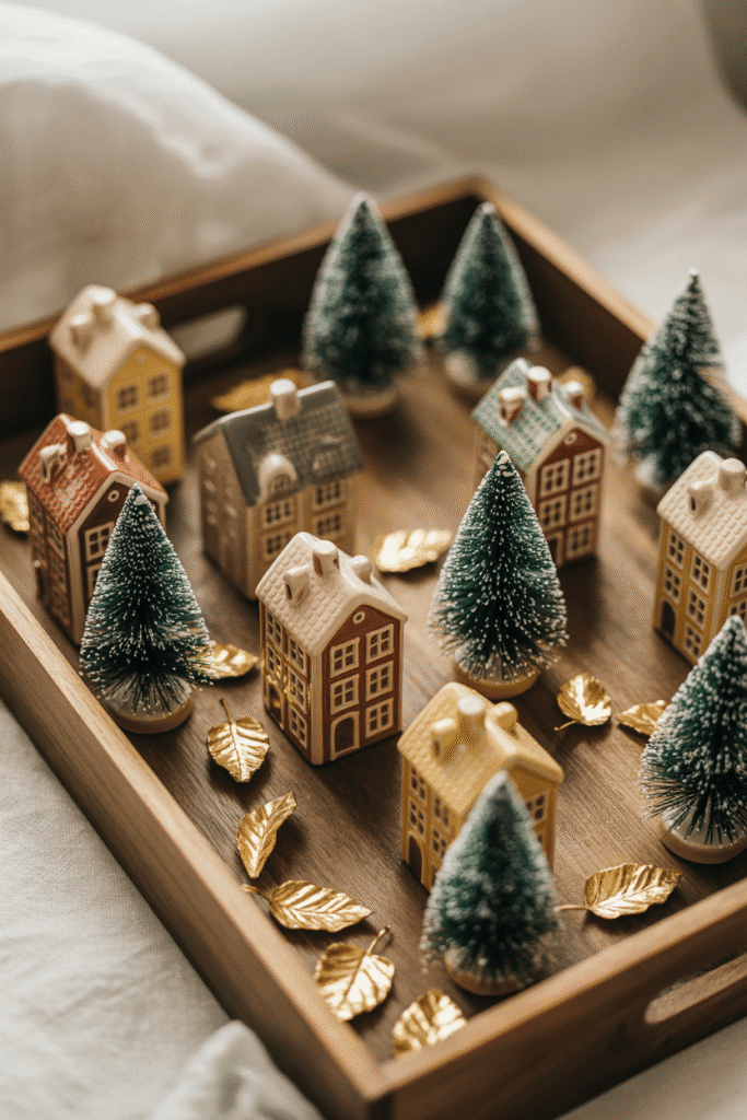 Fall tray styled like a seasonal village with figurines and foliage.

