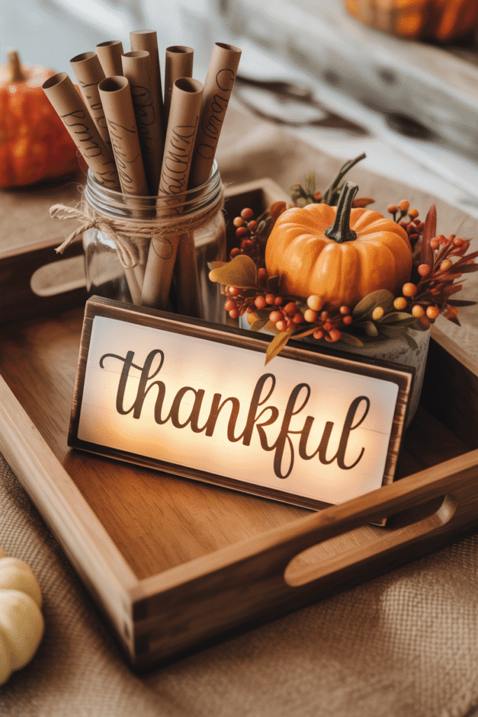 Gratitude-inspired fall tray for reflection and warm seasonal decor.

