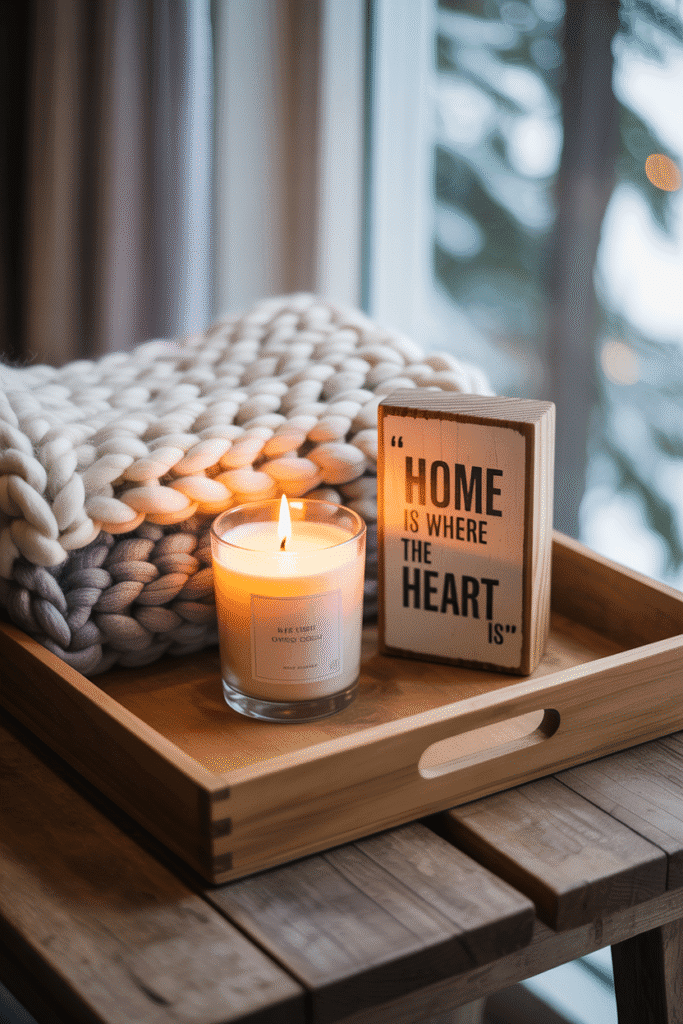 Hygge fall tray setup with blankets and glowing autumn candle.

