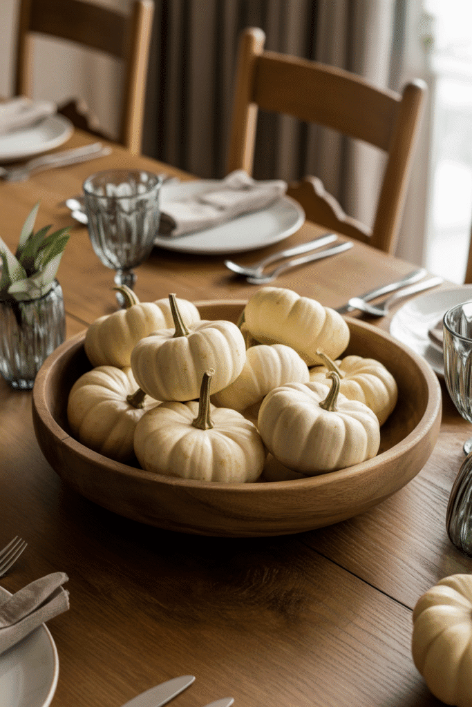 Wooden bowl with mini white pumpkins as a fall table centerpiece.