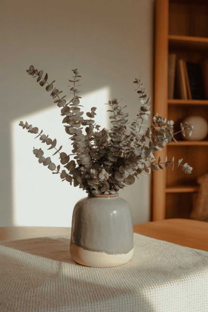 As a part of simple fall centerpieces for tables this picture shows dried eucalyptus in a beige ceramic vase for simple fall table decor.