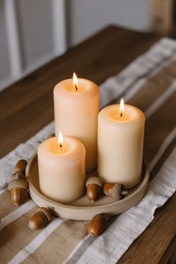 Fall table centerpiece with pillar candles and acorns on a linen runner.