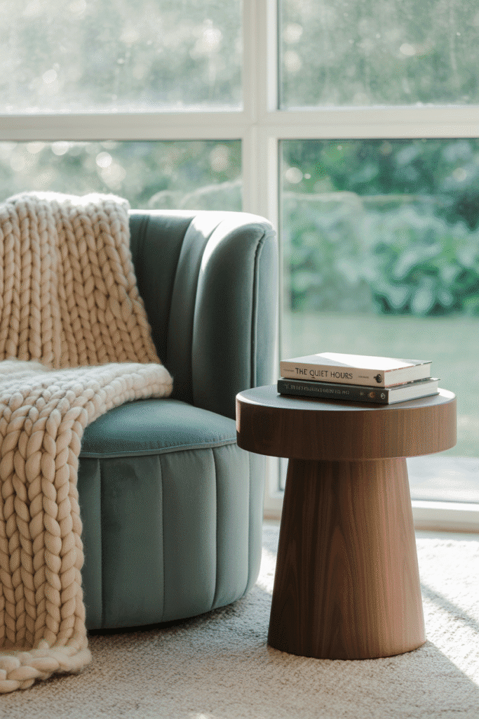 Sitting area styled near one window to create a cozy and functional reading nook.