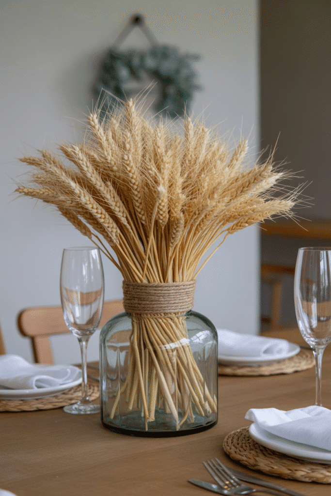 Wheat bundles tied with twine in a glass vase for a rustic fall centerpiece.