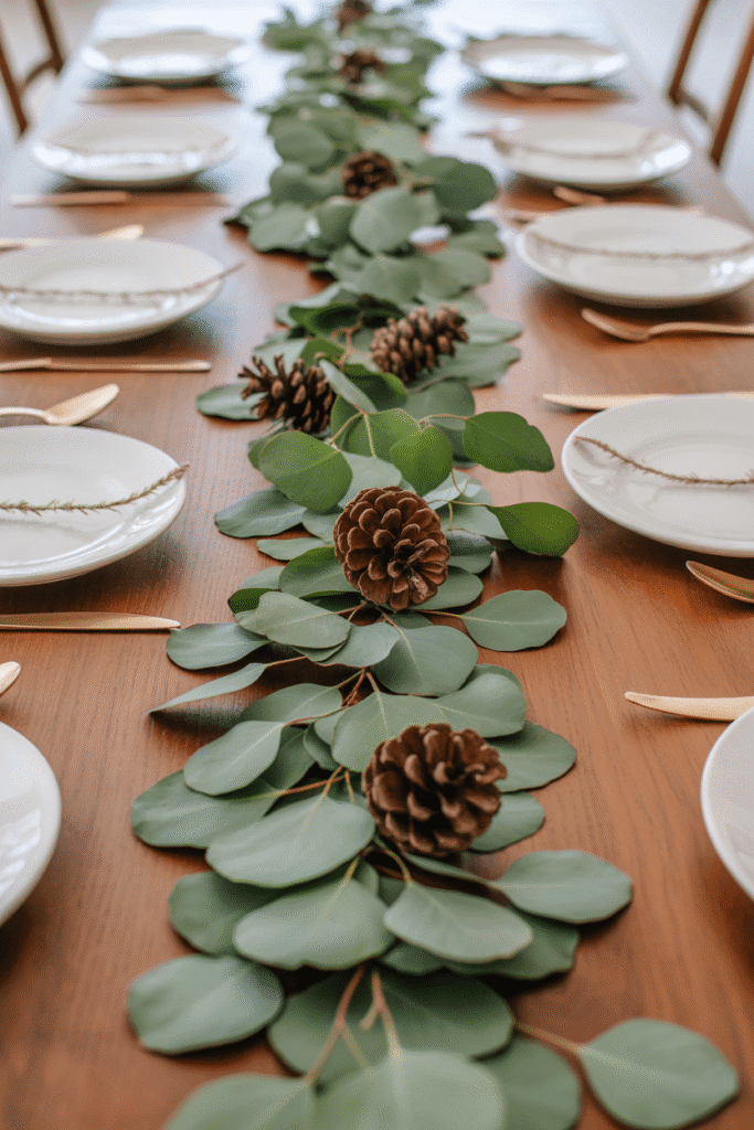 Simple fall table garland with greenery and pinecones.