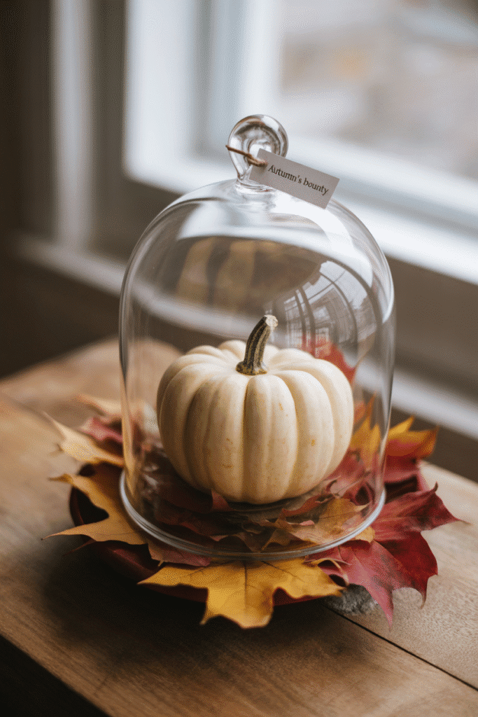 Glass cloche fall centerpiece with mini pumpkin and seasonal accents.