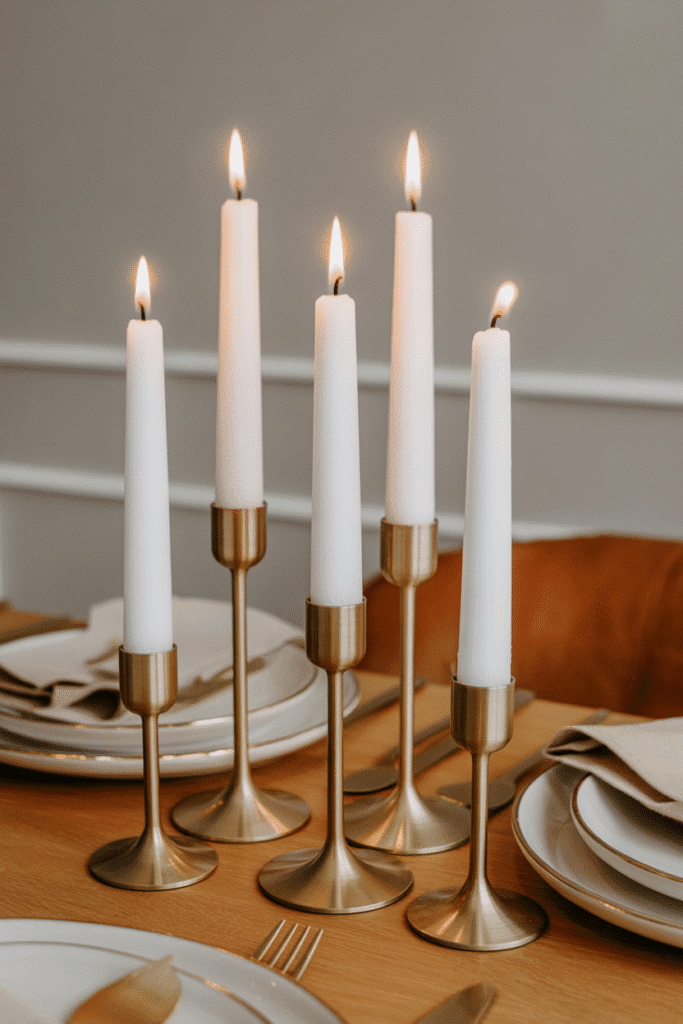 Brass candle holders for an elegant and simple fall table setup.