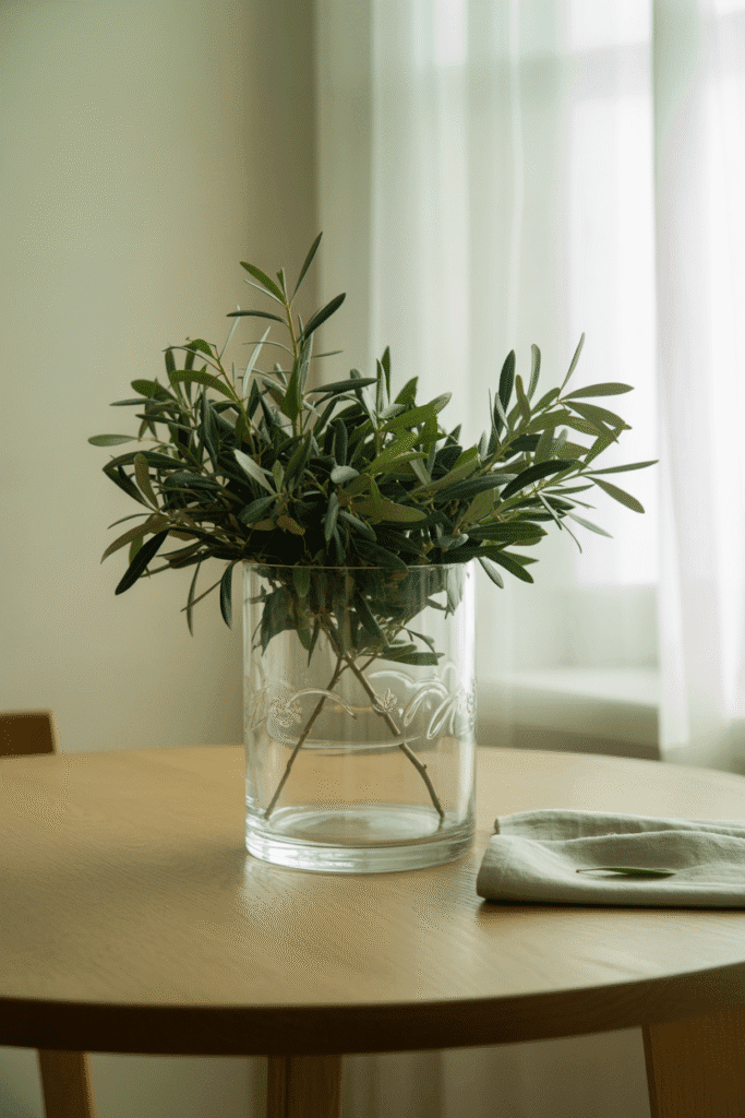 Fresh olive branch centerpiece in a clear vase for fall table styling.