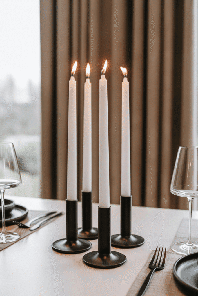 Modern fall centerpiece with white taper candles and black holders.