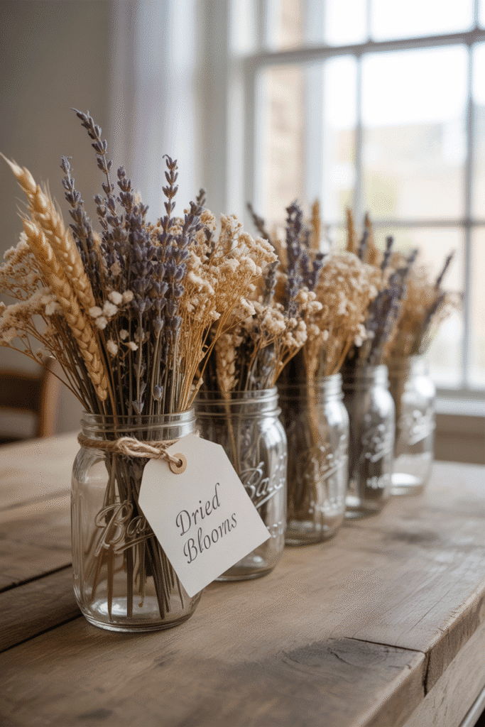 Farmhouse fall table centerpiece with mason jars and dried stems.