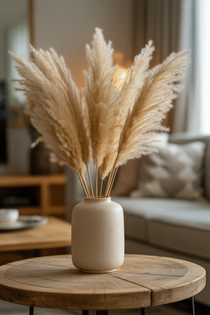 Minimalist fall centerpiece with pampas grass in a neutral ceramic vase.