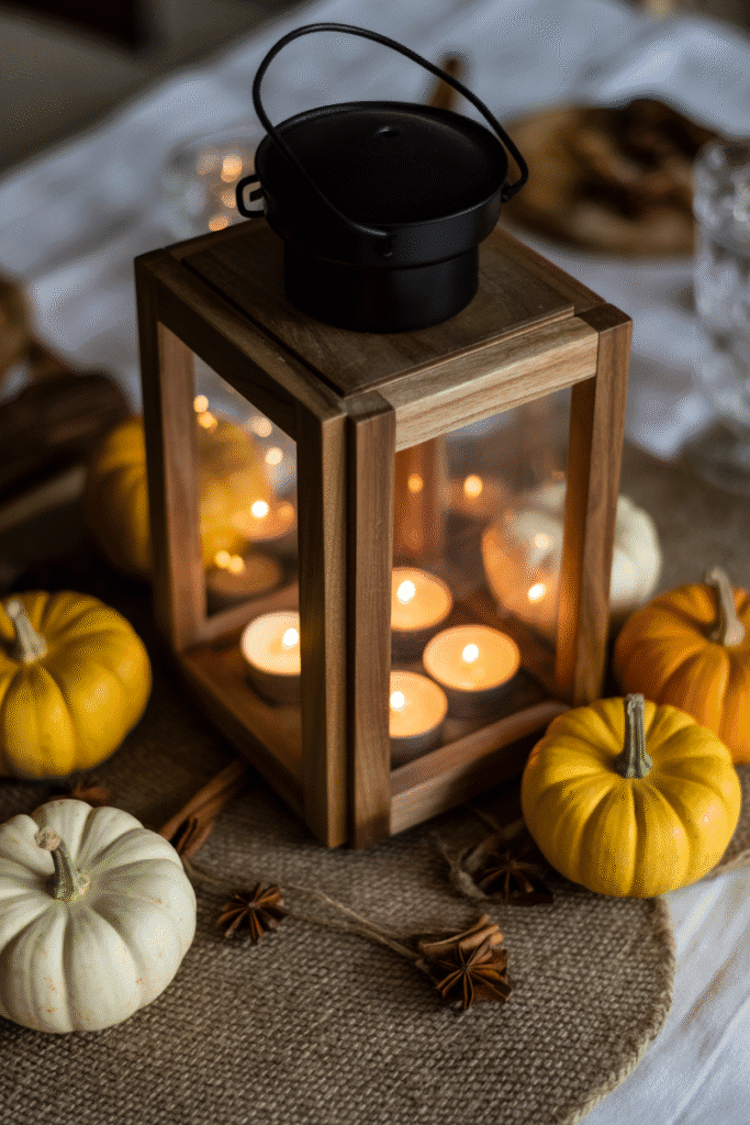 Rustic fall centerpiece featuring a wooden lantern with tea lights.