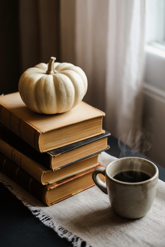 Fall centerpiece using vintage books and a pumpkin for cozy decor.