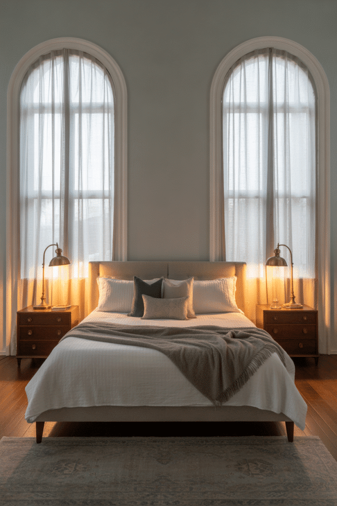 Windows used as natural borders for nightstands in a clean and symmetrical room setup.