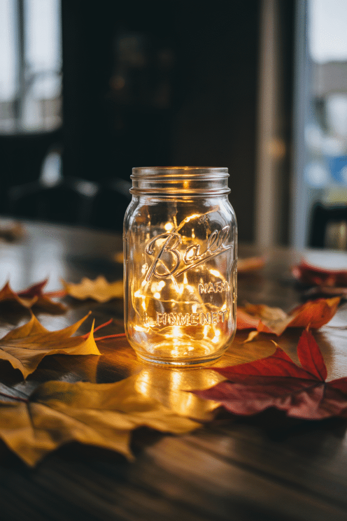 Fall decor centerpiece with fairy lights inside a glass jar.