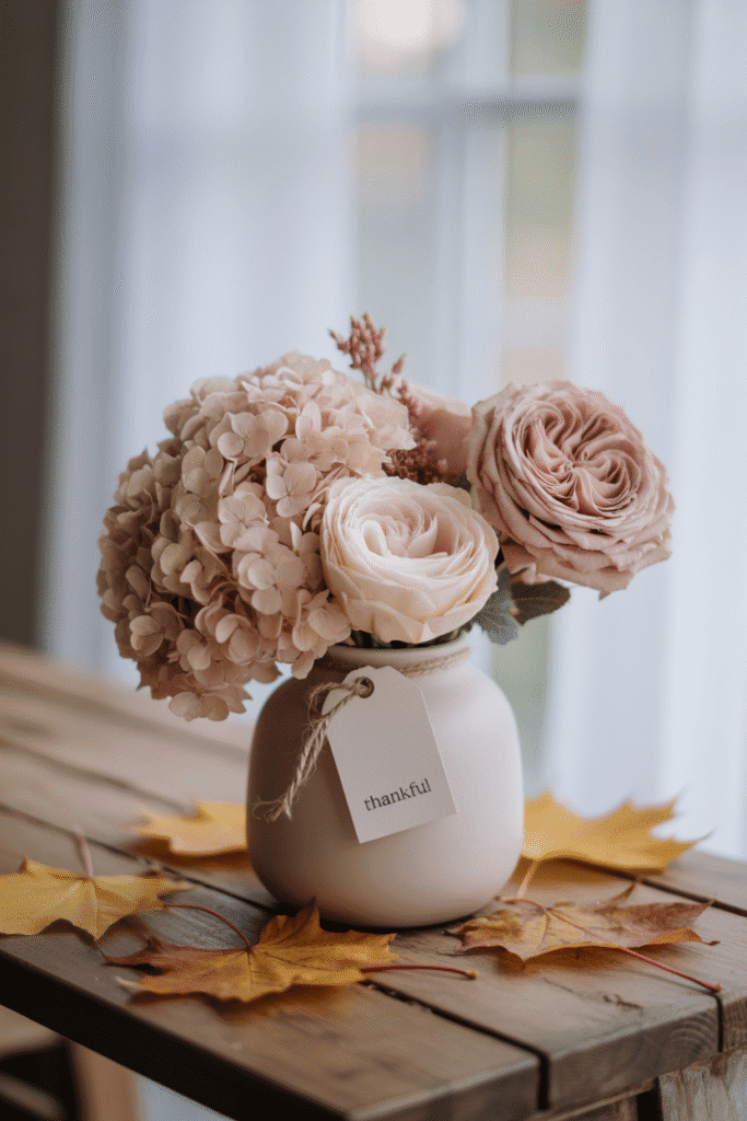 Simple fall centerpiece with neutral floral arrangement in soft tones.