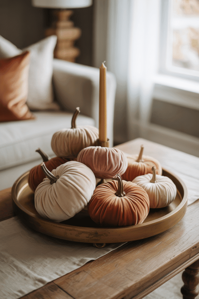 Elegant velvet pumpkins arranged on a tray for fall table decor.