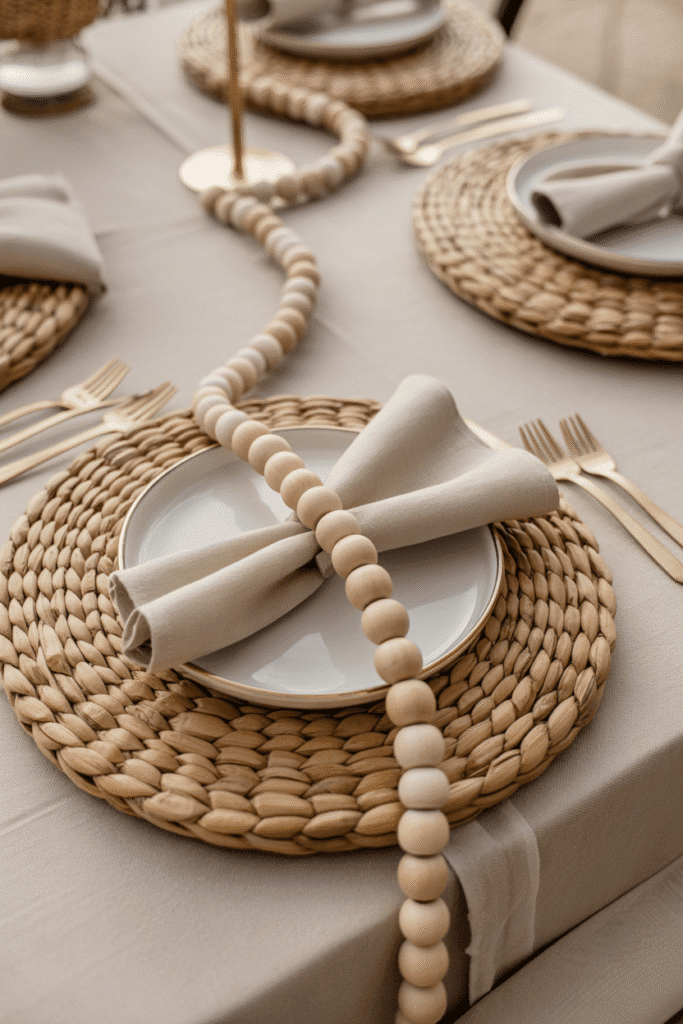 Natural fall tablescape with bead garland and woven chargers.