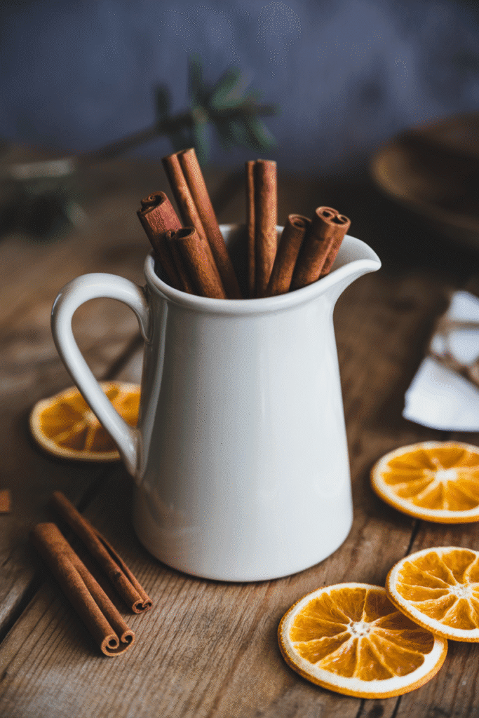Simple fall centerpiece with cinnamon sticks in a white pitcher.