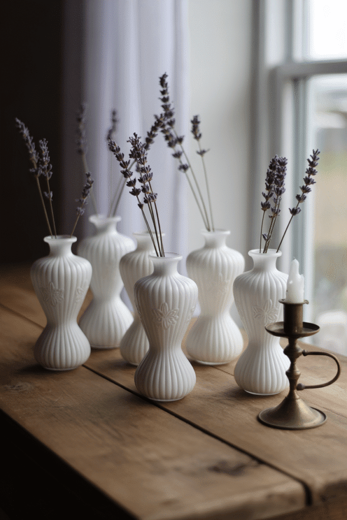 White milk glass vases with dried florals for fall centerpiece styling.