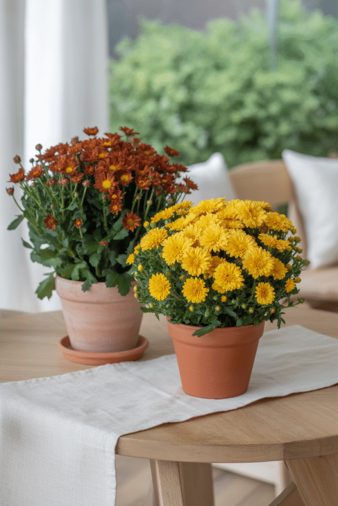 Fall centerpiece with terracotta pots and seasonal mums.