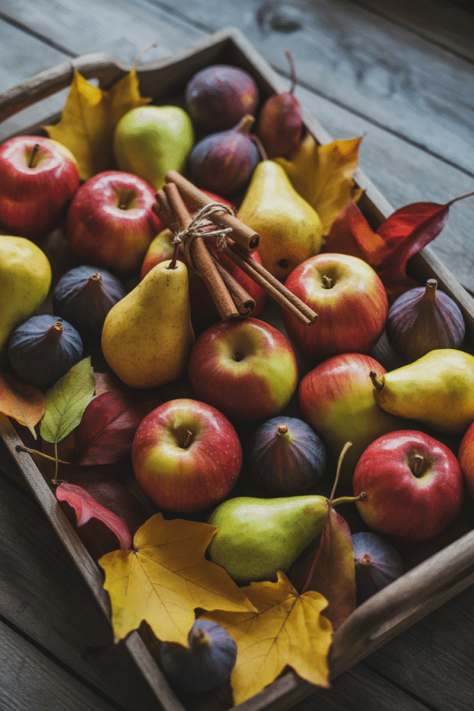 Rustic fall table tray with seasonal fruit and autumn accents.