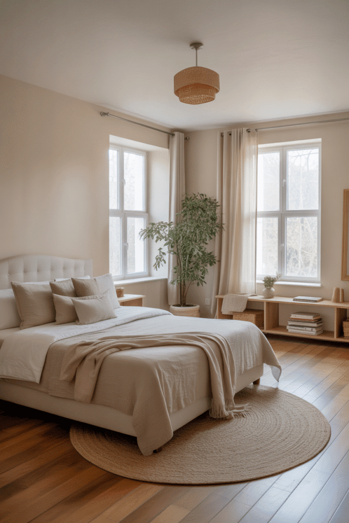 Bedroom arranged to keep windows clear of tall furniture, preserving natural light and openness.