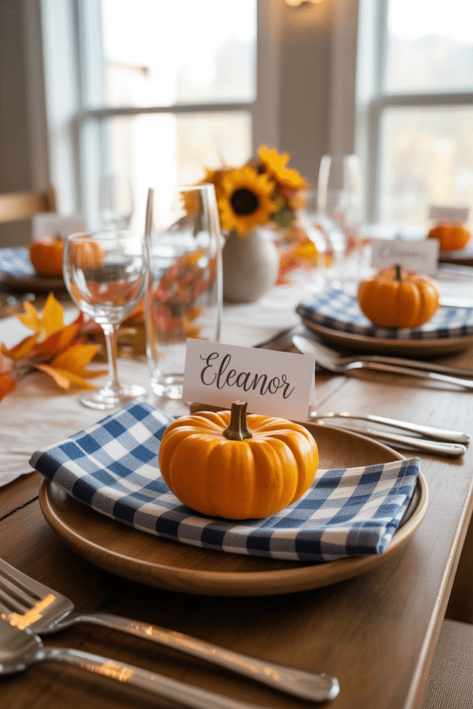 Table setting with gingham napkins and mini pumpkin for fall.