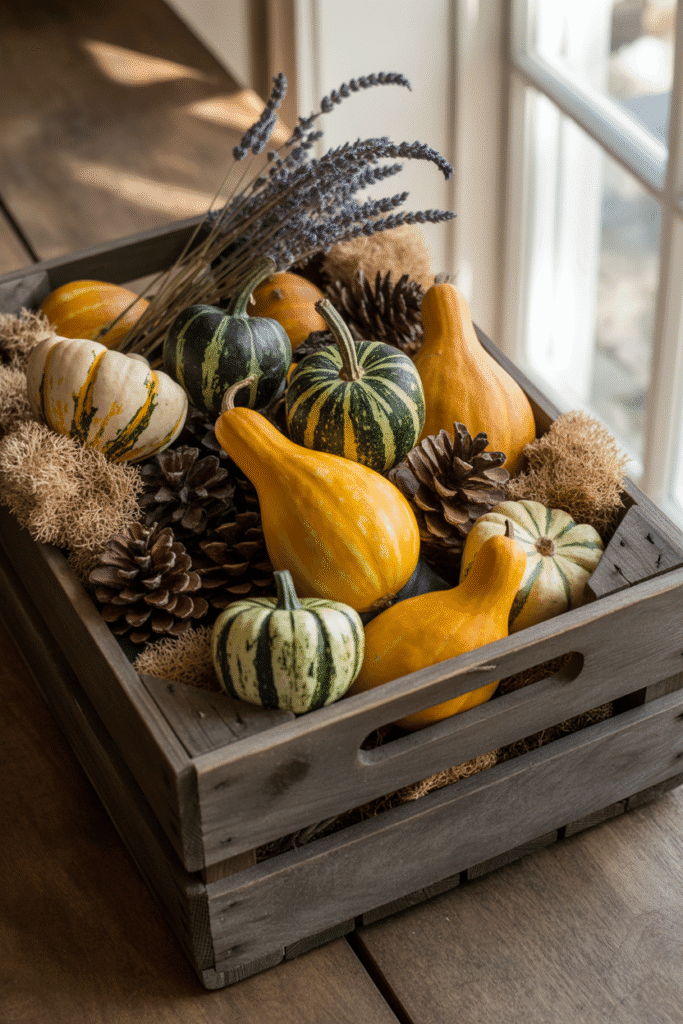 Farmhouse-style centerpiece with crate of gourds and moss.