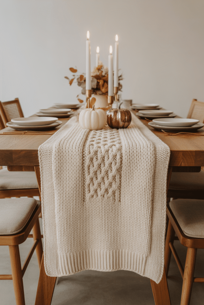 Fall table runner made from a soft knit blanket for cozy style.
