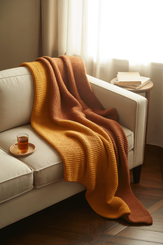 As a part of fall living room decor ideas this picture shows fall living room with warm throw blanket draped over a neutral sofa.