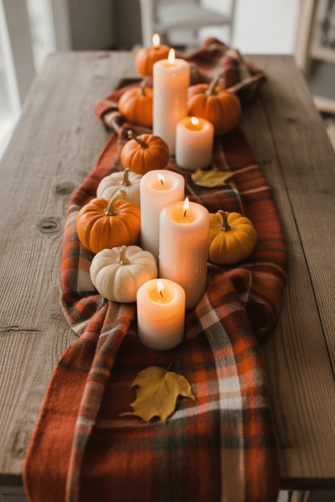 Plaid scarf used as a runner for fall candle centerpiece.