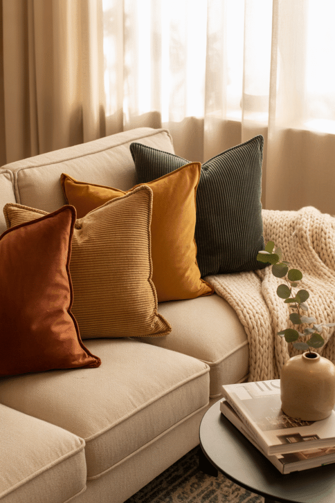 Earth-toned throw pillows for fall living room decor.